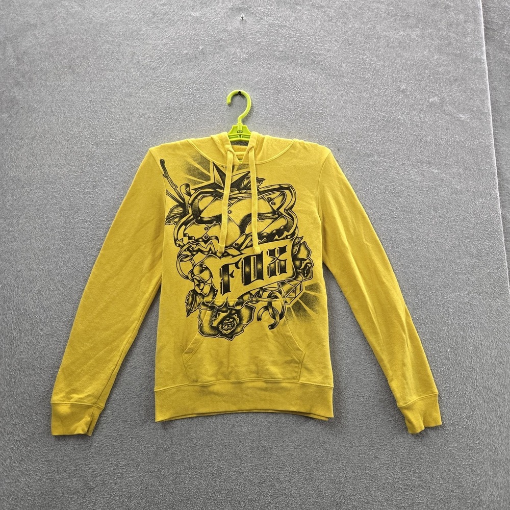 Fox‎ Women Hoodie M Yellow Graphic Fleece Logo Roses Activewear Grunge